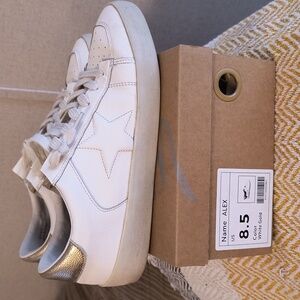 White Leather Sneakers with Gold Heel Accent